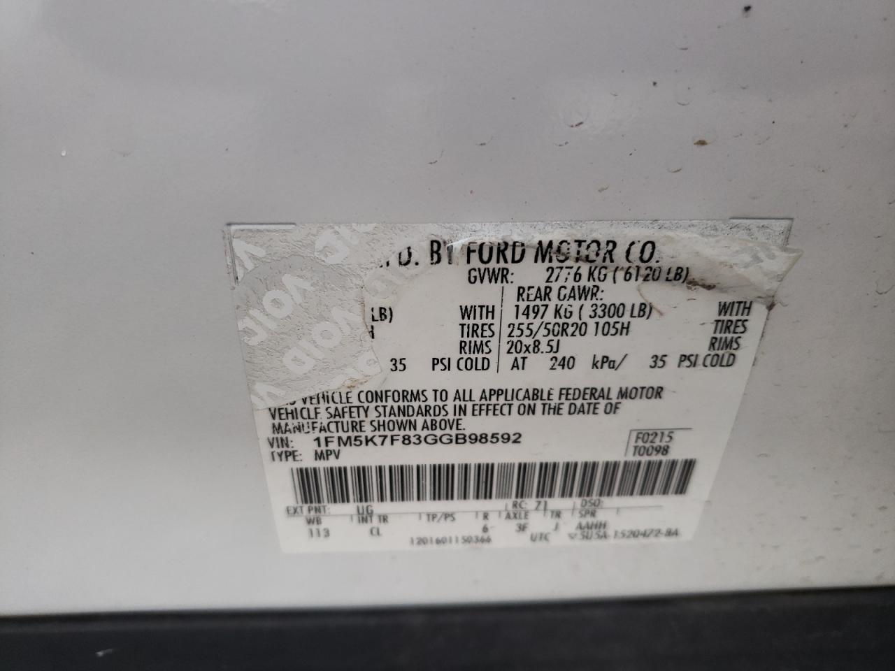 Photo 10 from auction – 2016 FORD EXPLORER L with VIN 1FM5K7F83GGB98592