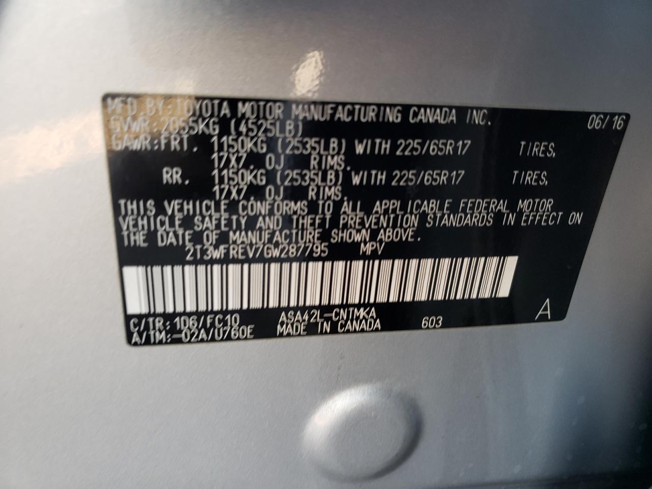 Photo 10 from auction – 2016 TOYOTA RAV4 XLE with VIN 2T3WFREV7GW287795