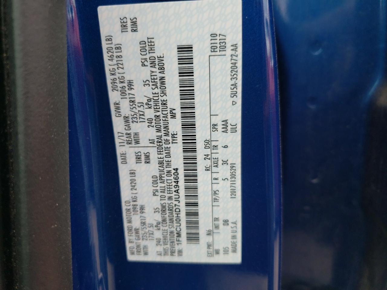 Photo 10 from auction – 2018 FORD ESCAPE SEL with VIN 1FMCU0HD7JUA94604