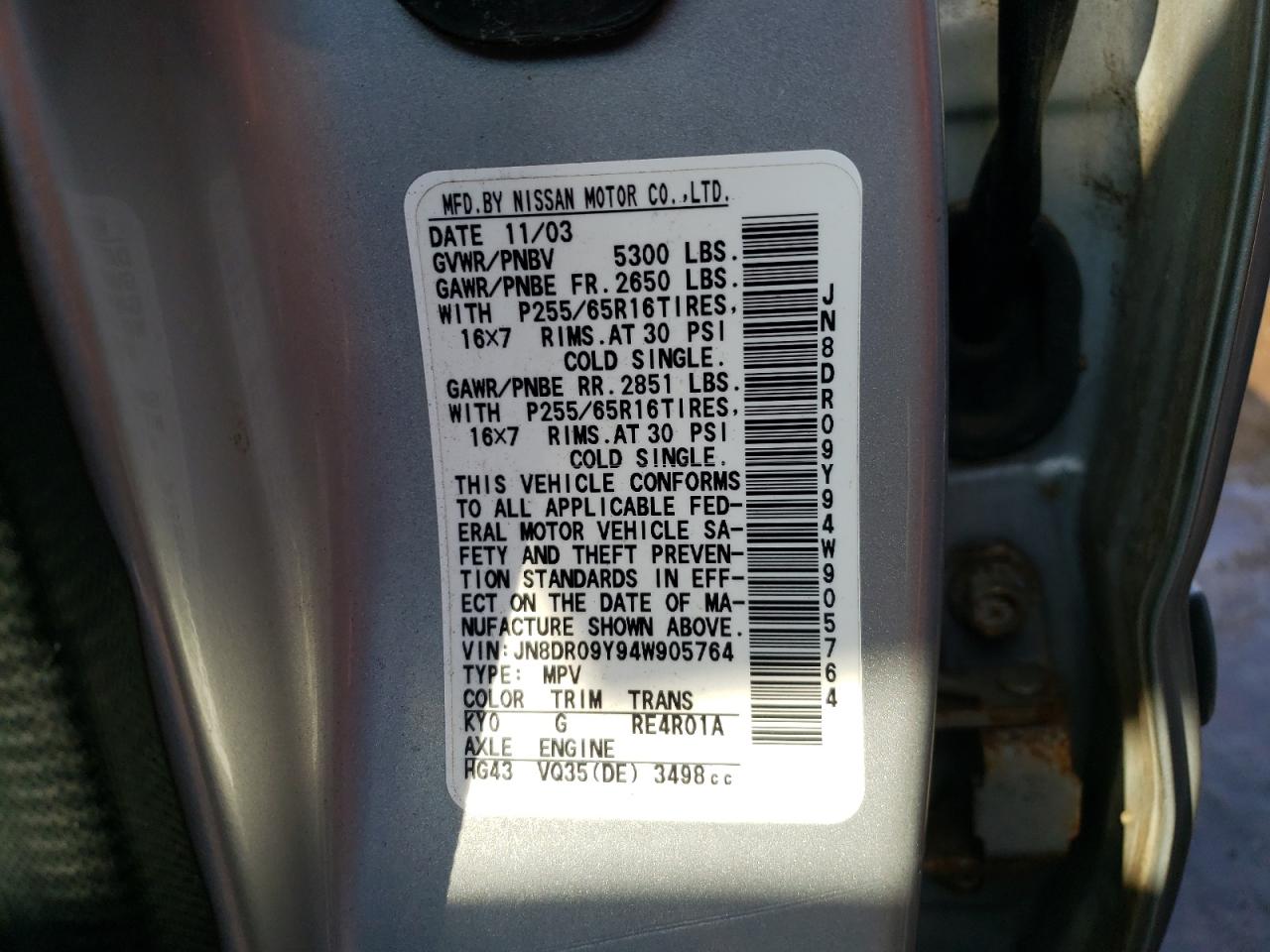 Photo 10 from auction – 2004 NISSAN PATHFINDER with VIN JN8DR09Y94W905764