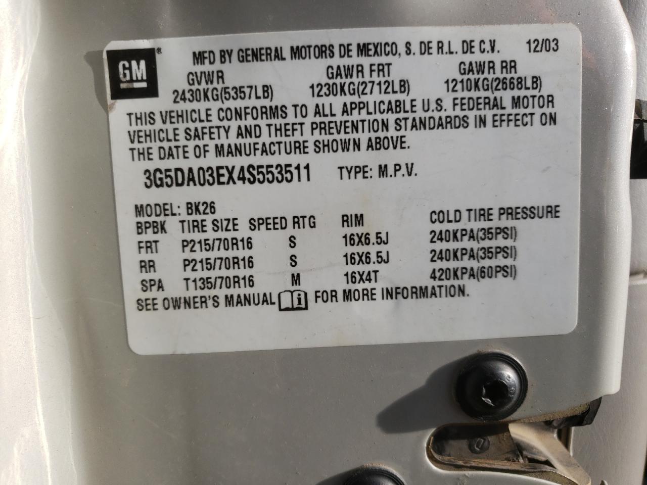 Photo 10 from auction – 2004 BUICK RENDEZVOUS with VIN 3G5DA03EX4S553511