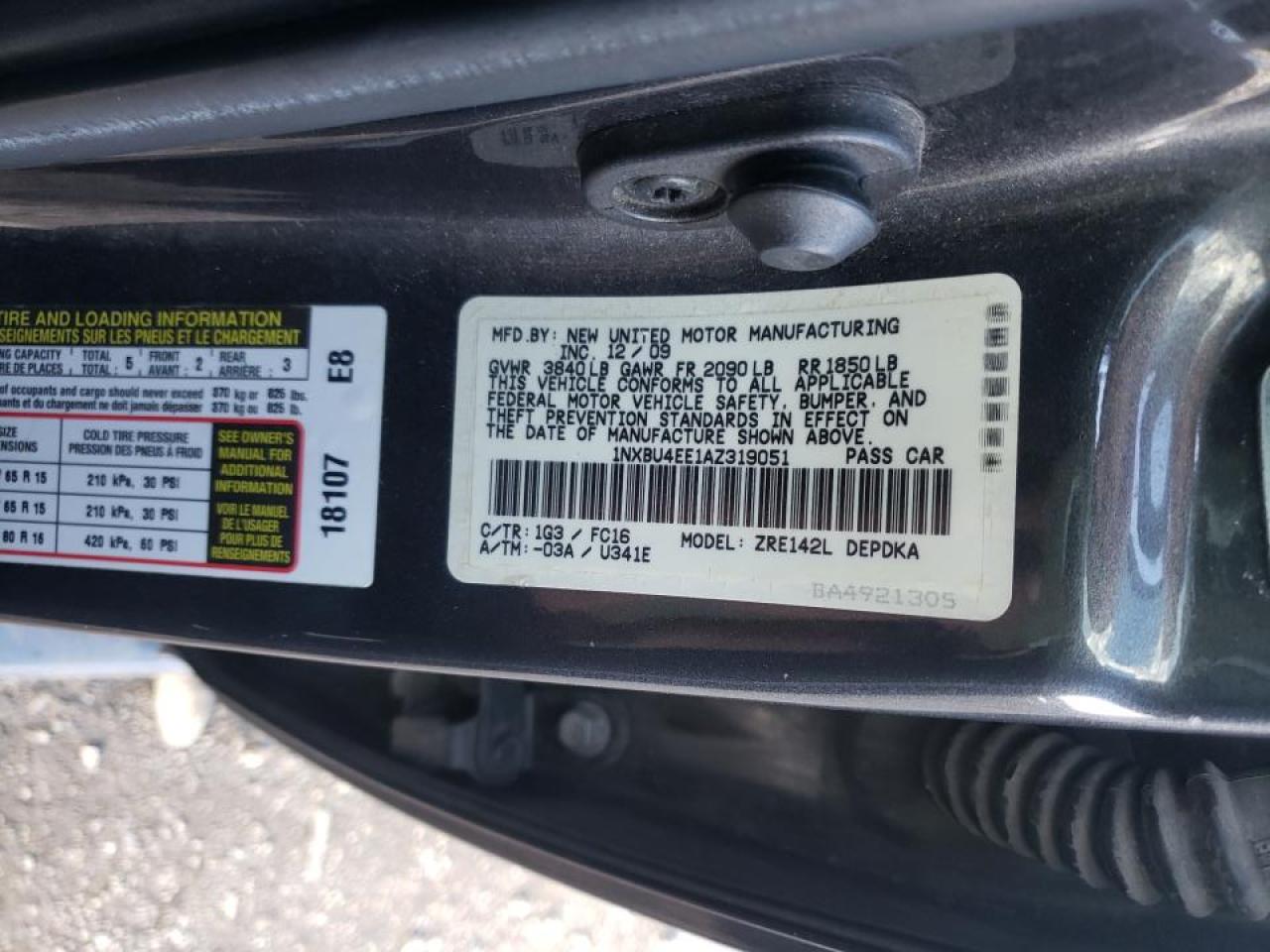 Photo 10 from auction – 2010 TOYOTA COROLLA BA with VIN 1NXBU4EE1AZ319051
