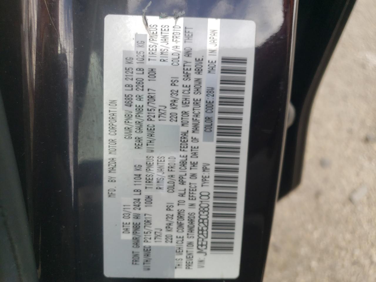 Photo 10 from auction – 2011 MAZDA CX-7 with VIN JM3ER2B52B0380100