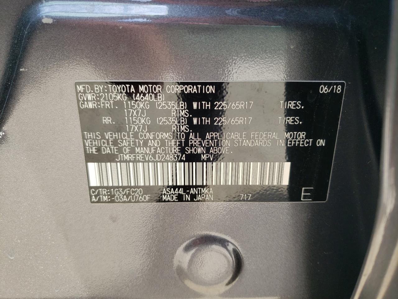 Photo 10 from auction – 2018 TOYOTA RAV4 with VIN JTMRFREV6JD248374