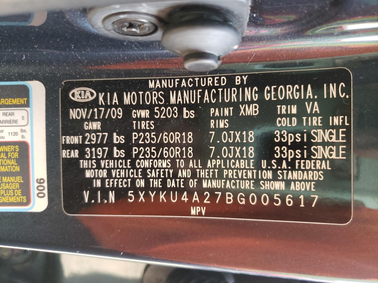 Photo 10 from auction – 2011 KIA SORENTO EX with VIN 5XYKU4A27BG005617