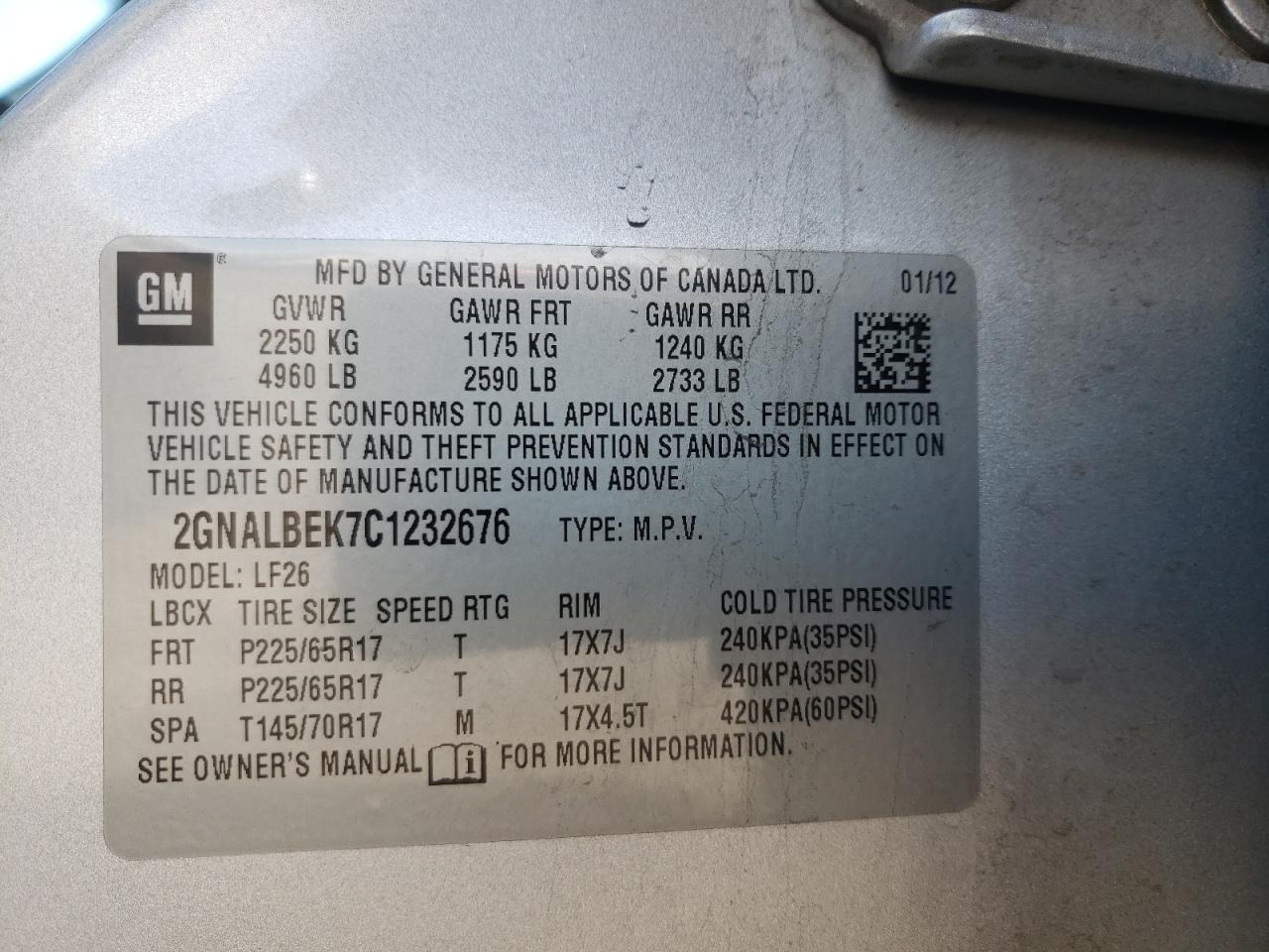 Photo 10 from auction – 2012 CHEVROLET EQUINOX LS with VIN 2GNALBEK7C1232676