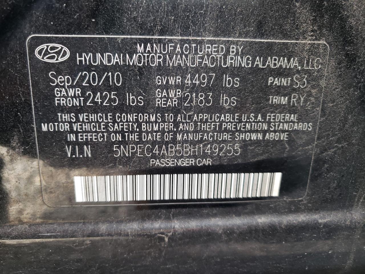 Photo 10 from auction – 2011 HYUNDAI SONATA SE with VIN 5NPEC4AB5BH149255