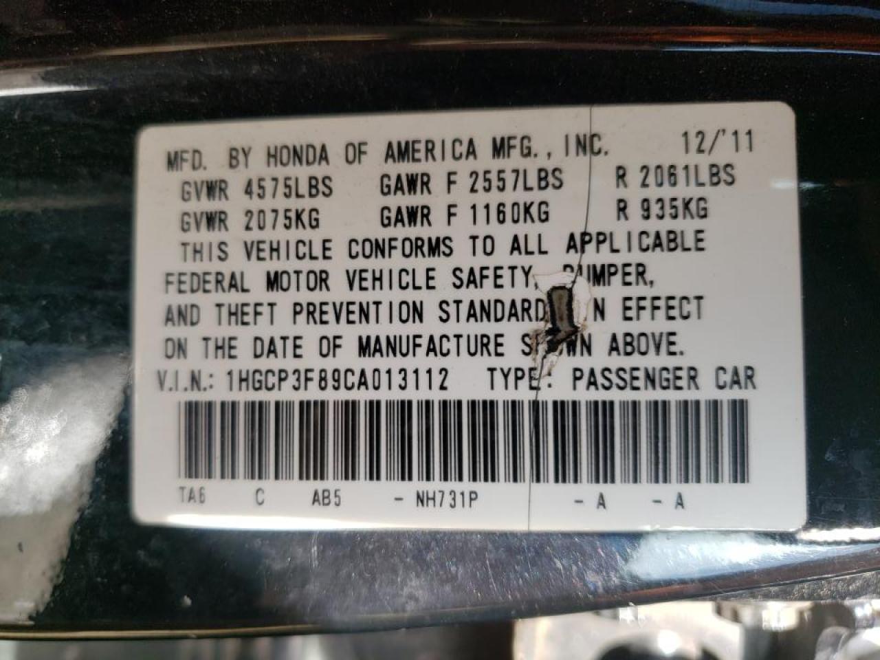 Photo 10 from auction – 2012 HONDA ACCORD EXL with VIN 1HGCP3F89CA013112