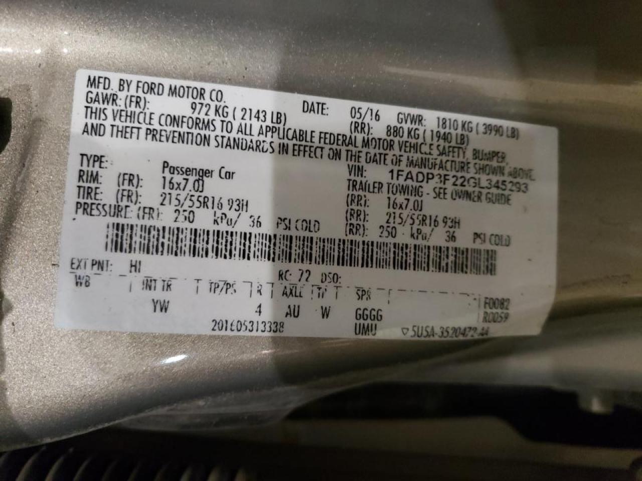 Photo 10 from auction – 2016 FORD FOCUS SE with VIN 1FADP3F22GL345293