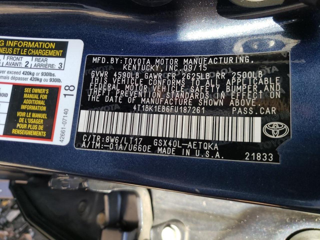 Photo 10 from auction – 2015 TOYOTA AVALON XLE with VIN 4T1BK1EB6FU187261