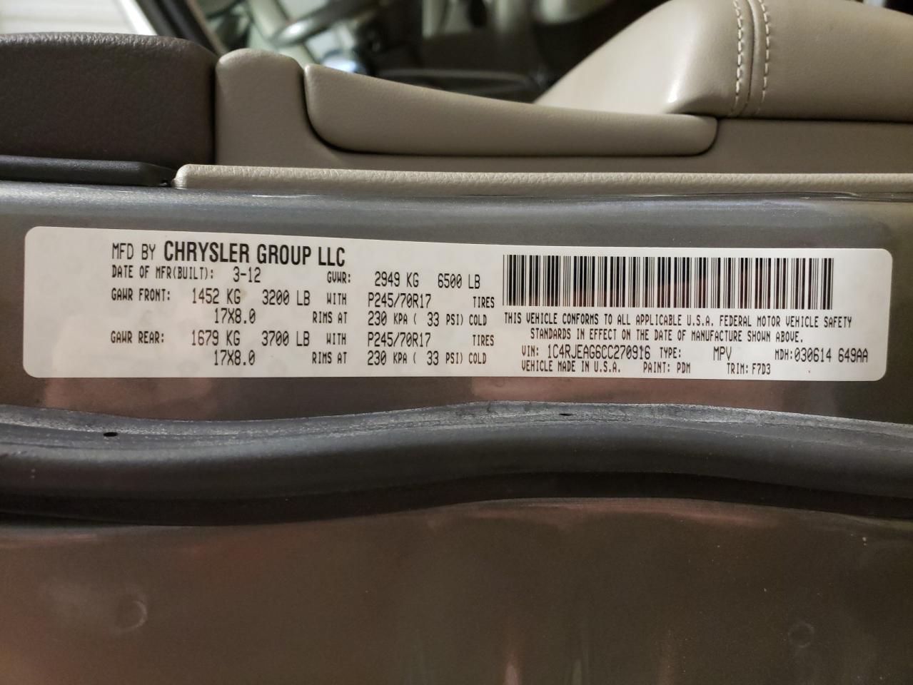 Photo 10 from auction – 2012 JEEP GRAND CHER with VIN 1C4RJEAG6CC270916