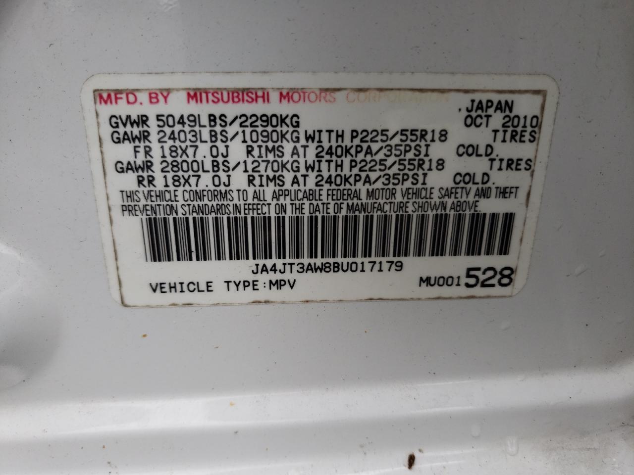 Photo 10 from auction – 2011 MITSUBISHI OUTLANDER with VIN JA4JT3AW8BU017179
