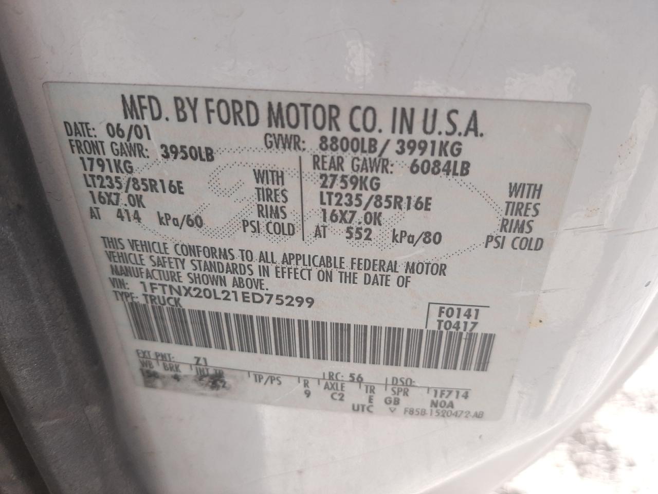 Photo 10 from auction – 2001 FORD F250 SUPER with VIN 1FTNX20L21ED75299