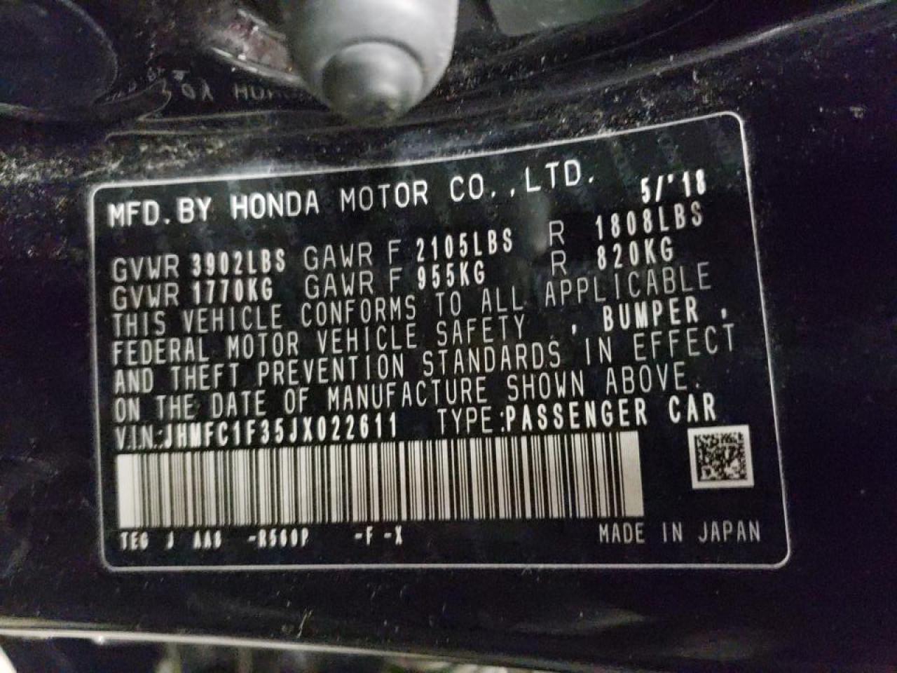 Photo 10 from auction – 2018 HONDA CIVIC EX with VIN JHMFC1F35JX022611