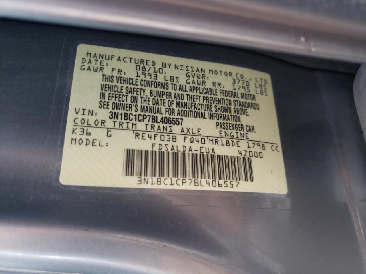 Photo 10 from auction – 2011 NISSAN VERSA S with VIN 3N1BC1CP7BL406557