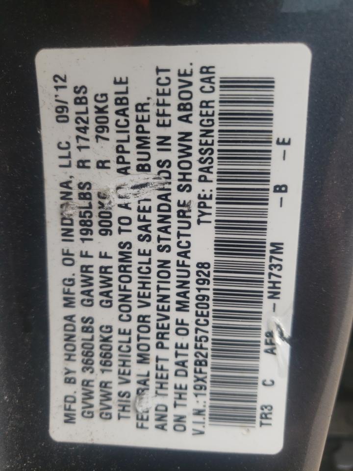 Photo 10 from auction – 2012 HONDA CIVIC LX with VIN 19XFB2F57CE091928