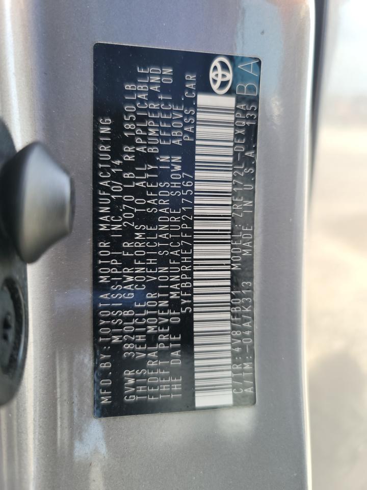 Photo 10 from auction – 2015 TOYOTA COROLLA EC with VIN 5YFBPRHE7FP217567