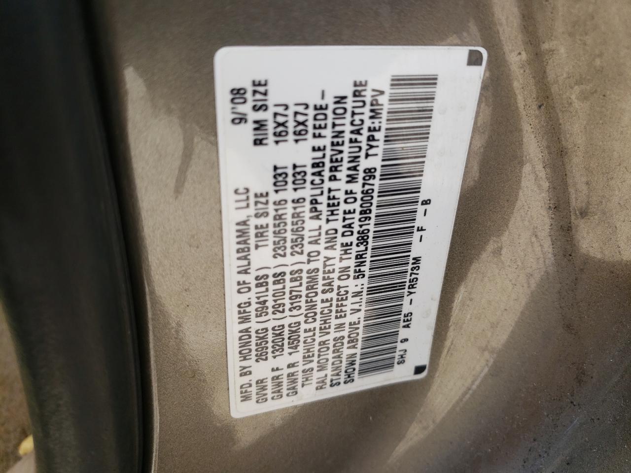 Photo 10 from auction – 2009 HONDA ODYSSEY EX with VIN 5FNRL38619B006798