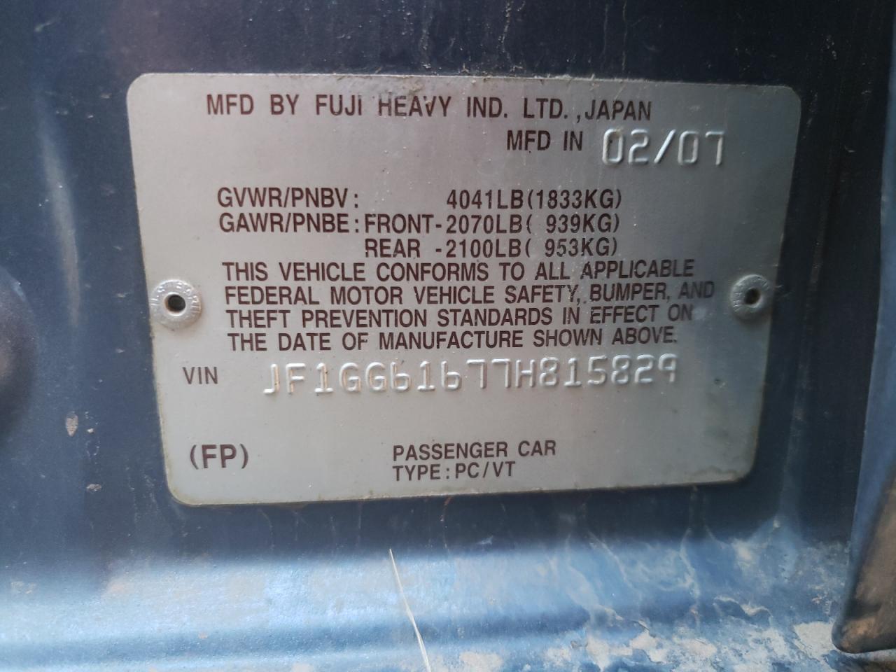 Photo 10 from auction – 2007 SUBARU IMPREZA 2. with VIN JF1GG61677H815829