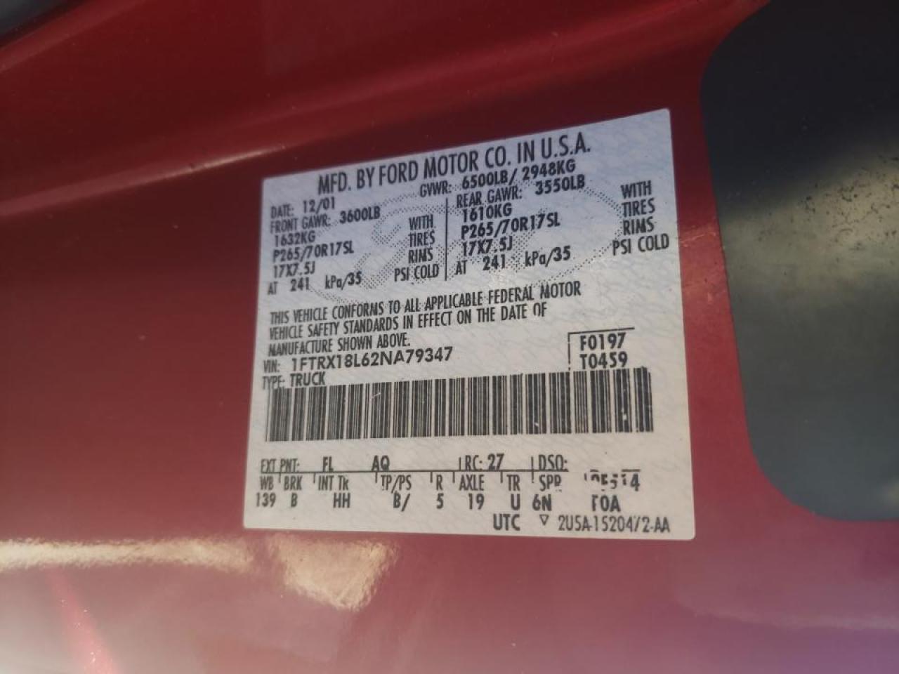 Photo 10 from auction – 2002 FORD F150 with VIN 1FTRX18L62NA79347