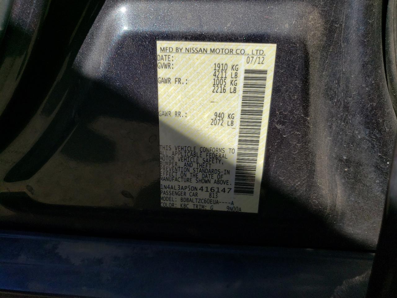 Photo 10 from auction – 2013 NISSAN ALTIMA 2.5 with VIN 1N4AL3AP5DN416147
