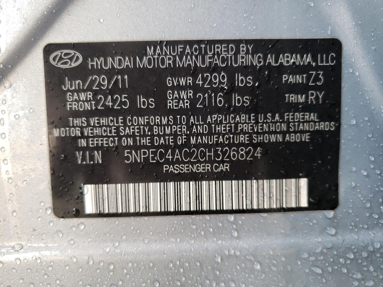 Photo 10 from auction – 2012 HYUNDAI SONATA SE with VIN 5NPEC4AC2CH326824
