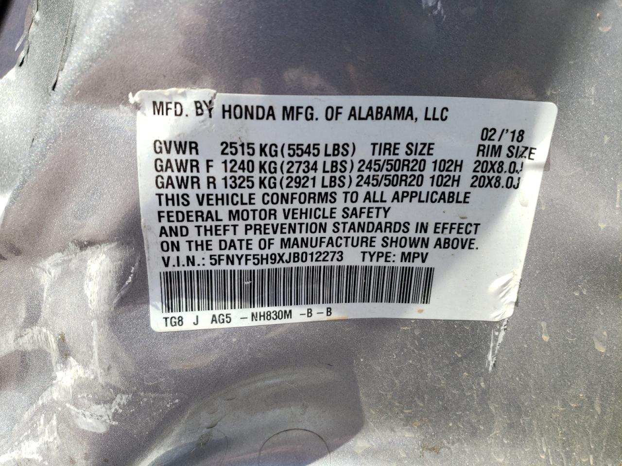 Photo 10 from auction – 2018 HONDA PILOT TOUR with VIN 5FNYF5H9XJB012273