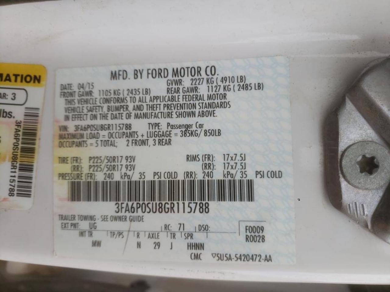 Photo 10 from auction – 2016 FORD FUSION TIT with VIN 3FA6P0SU8GR115788