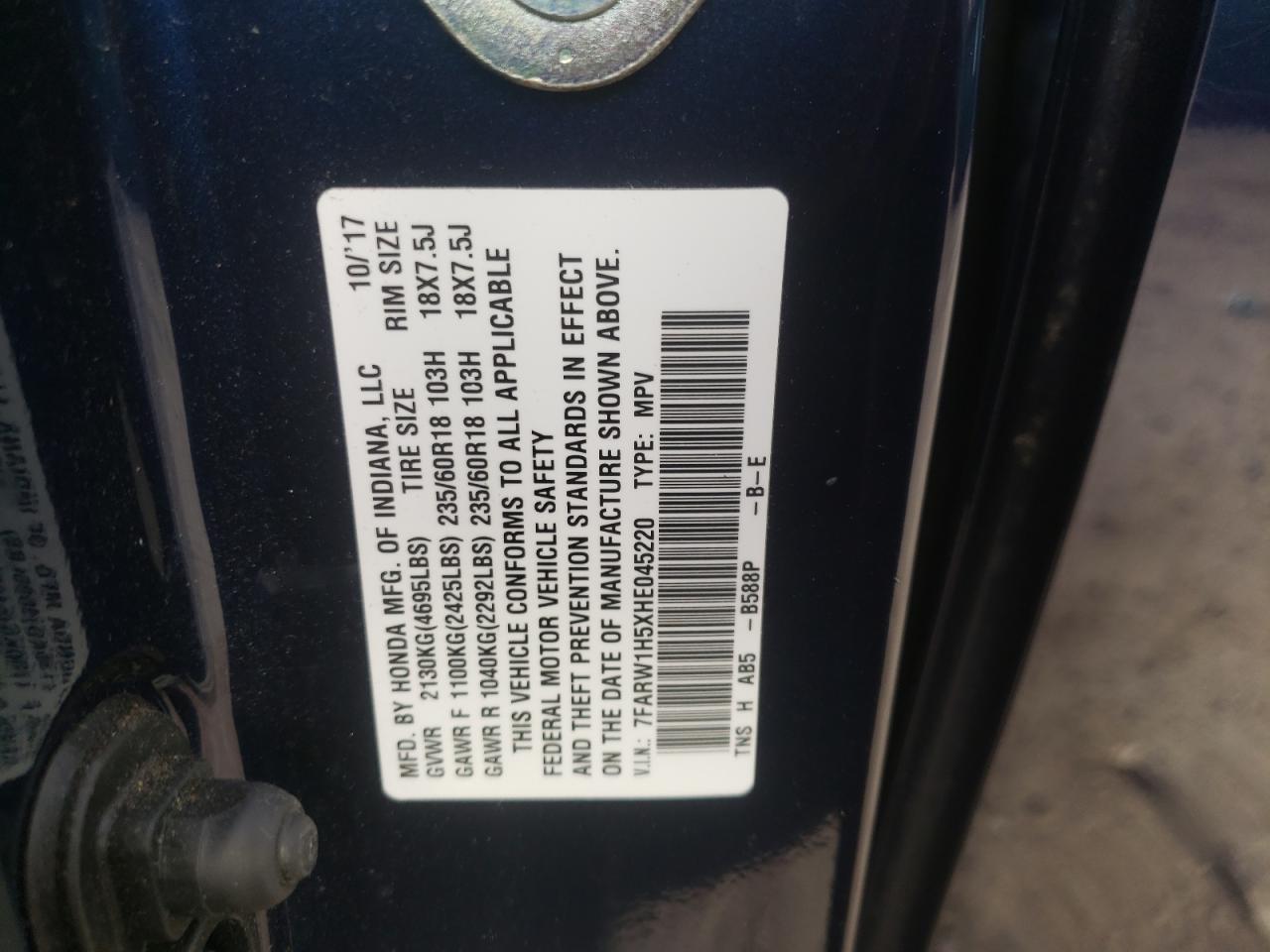 Photo 10 from auction – 2017 HONDA CR-V EX with VIN 7FARW1H5XHE045220