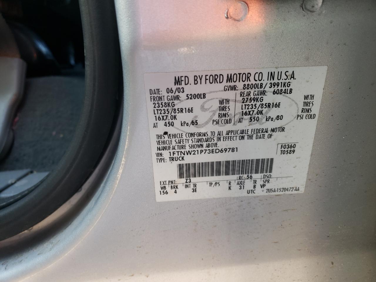 Photo 10 from auction – 2003 FORD F250 SUPER with VIN 1FTNW21P73ED69781