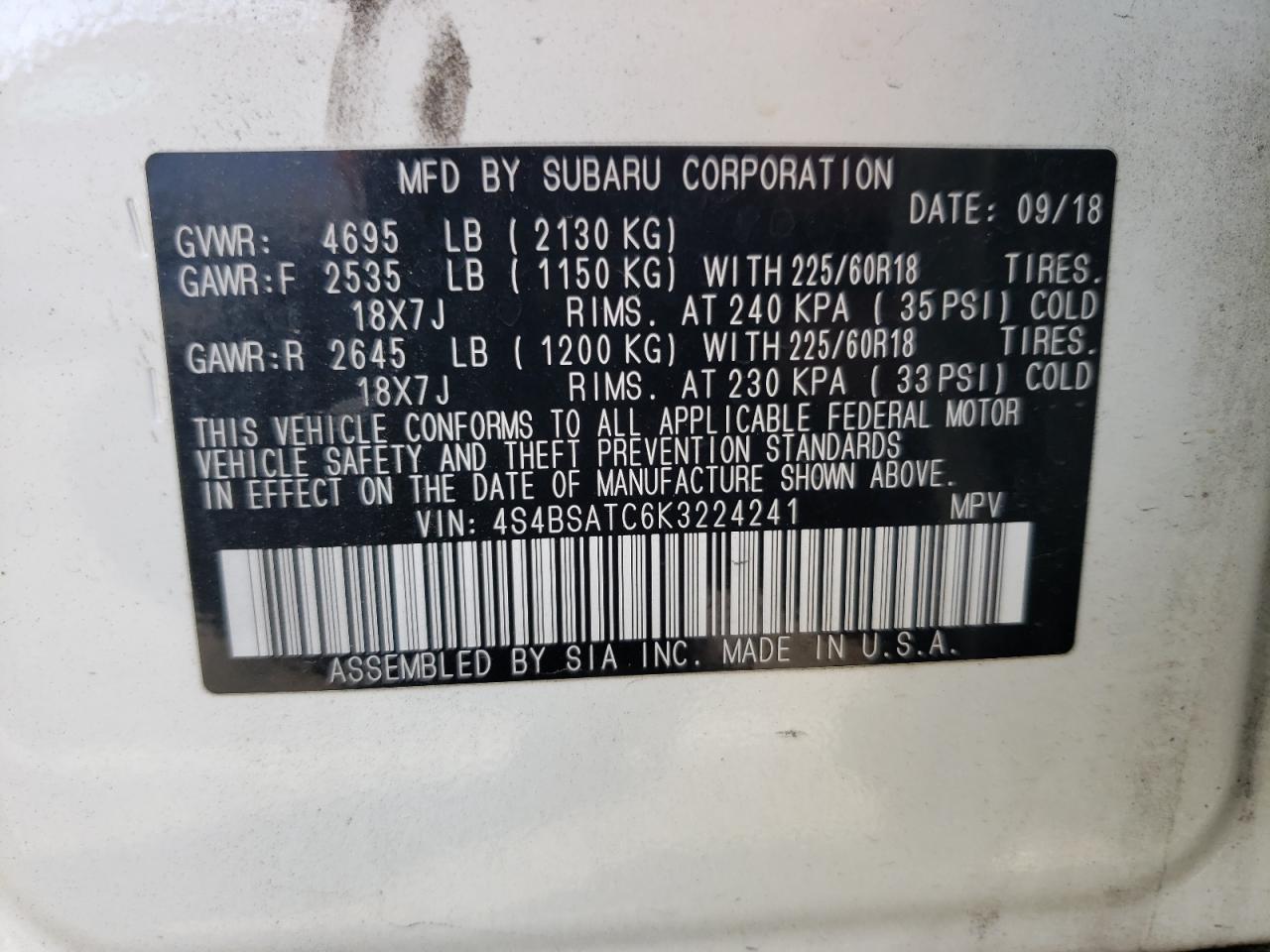 Photo 10 from auction – 2019 SUBARU OUTBACK TO with VIN 4S4BSATC6K3224241