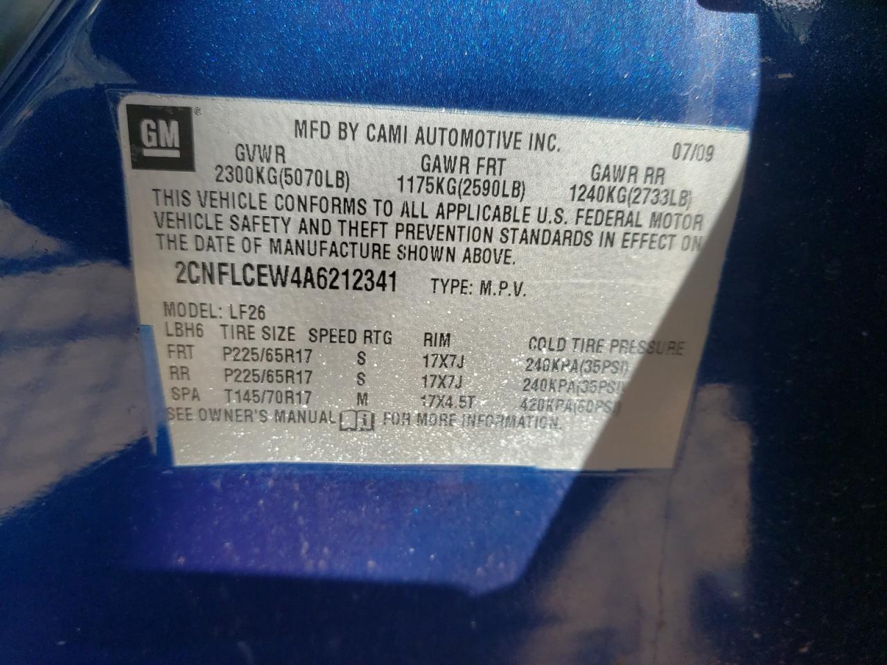 Photo 10 from auction – 2010 CHEVROLET EQUINOX LS with VIN 2CNFLCEW4A6212341