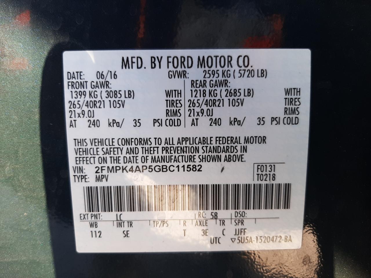 Photo 10 from auction – 2016 FORD EDGE SPORT with VIN 2FMPK4AP5GBC11582
