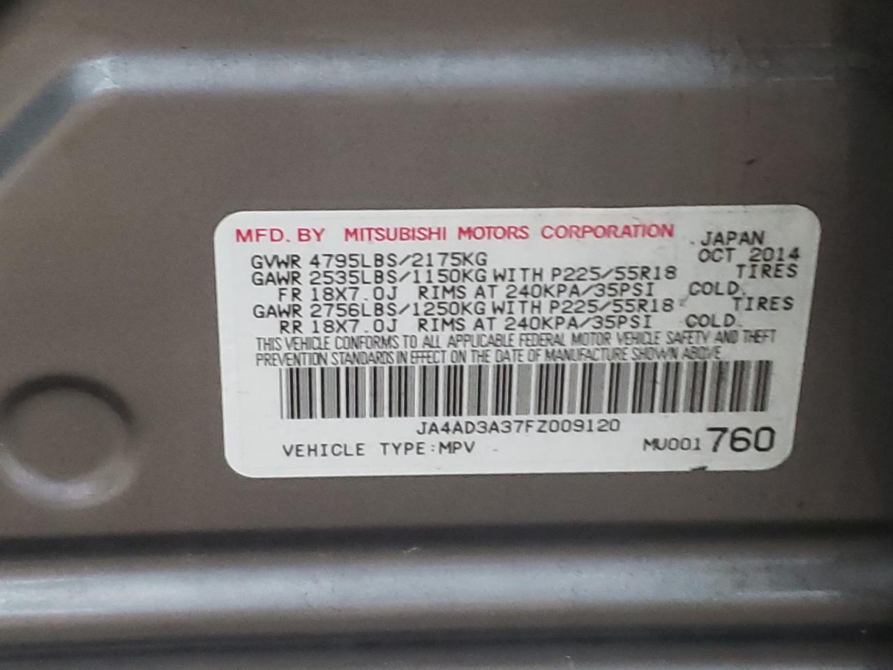 Photo 10 from auction – 2015 MITSUBISHI OUTLANDER with VIN JA4AD3A37FZ009120