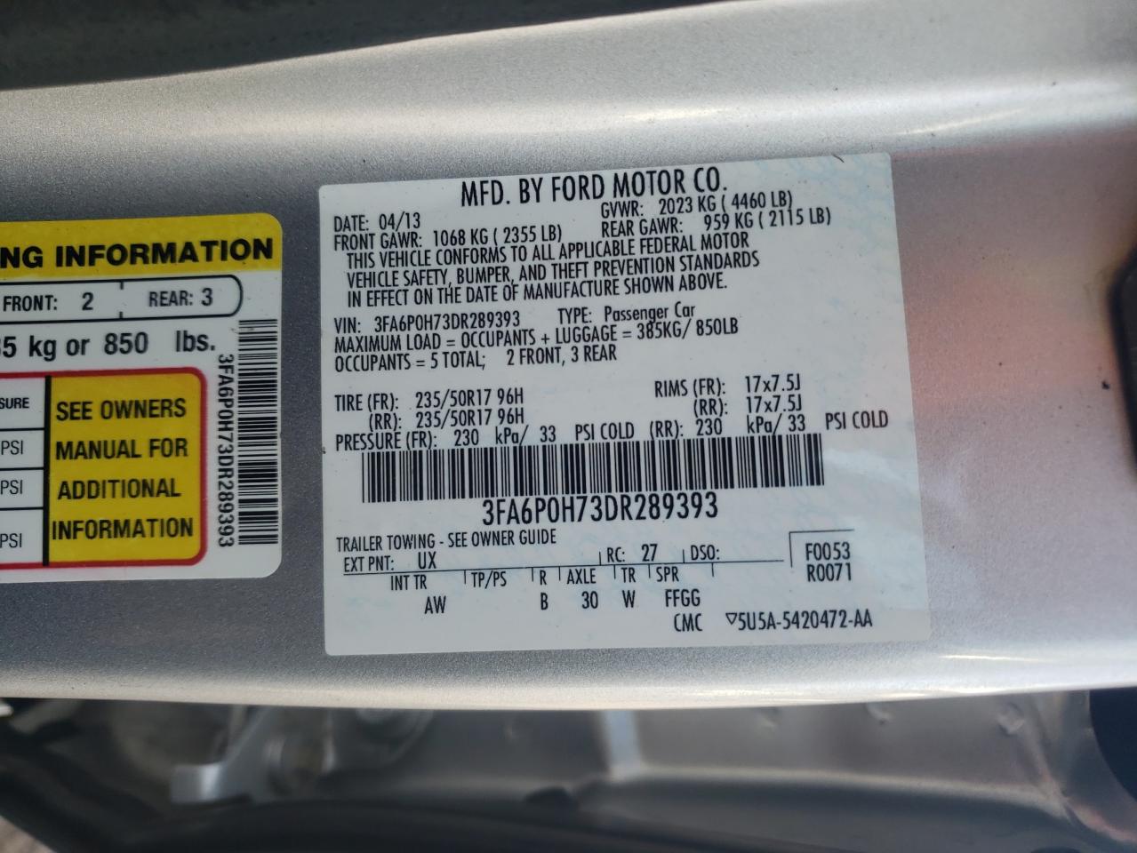 Photo 10 from auction – 2013 FORD FUSION SE with VIN 3FA6P0H73DR289393