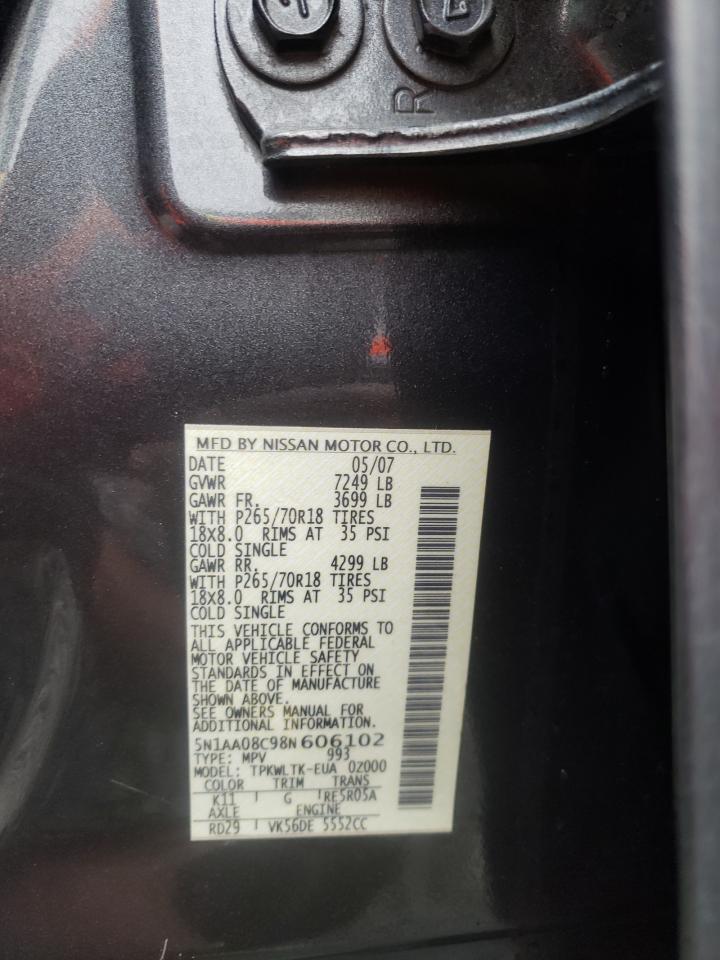 Photo 10 from auction – 2008 NISSAN ARMADA SE with VIN 5N1AA08C98N606102