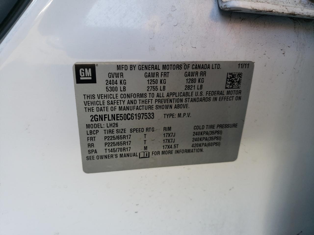 Photo 10 from auction – 2012 CHEVROLET EQUINOX LT with VIN 2GNFLNE50C6197533