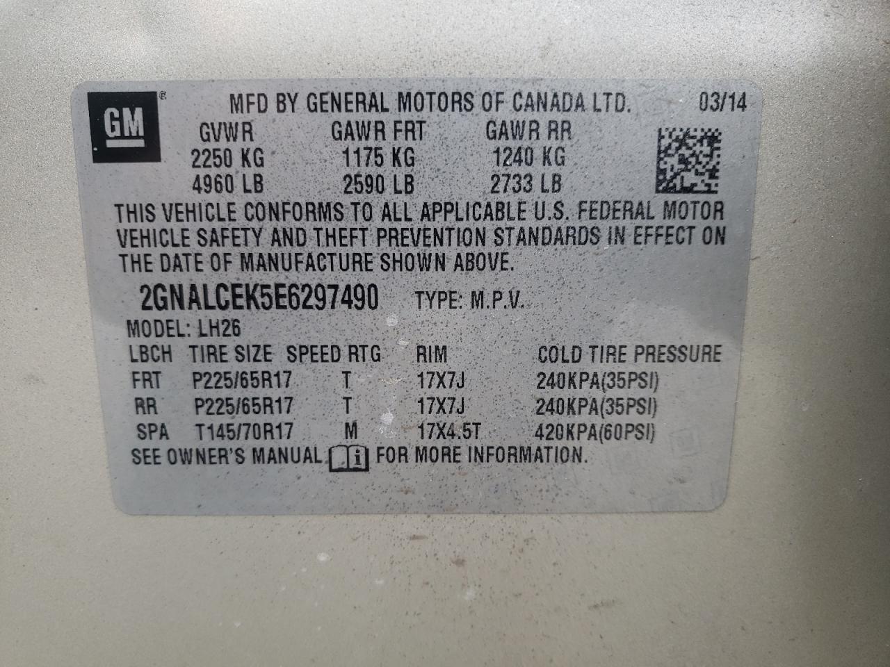 Photo 10 from auction – 2014 CHEVROLET EQUINOX LT with VIN 2GNALCEK5E6297490