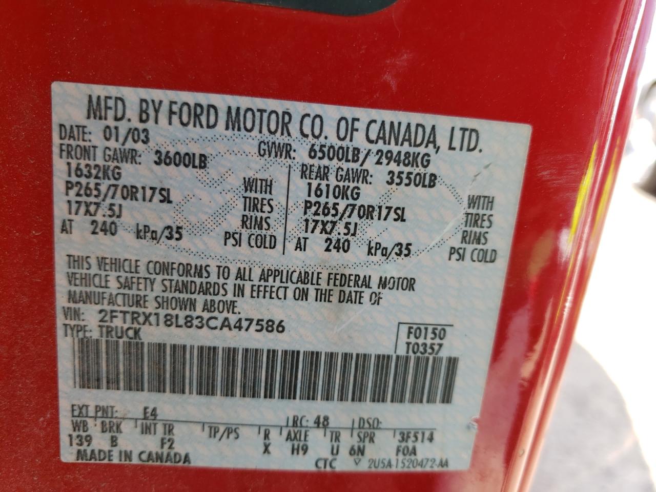 Photo 10 from auction – 2003 FORD F150 with VIN 2FTRX18L83CA47586