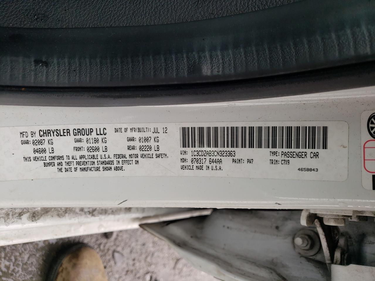 Photo 10 from auction – 2012 DODGE AVENGER SE with VIN 1C3CDZAB3CN323363
