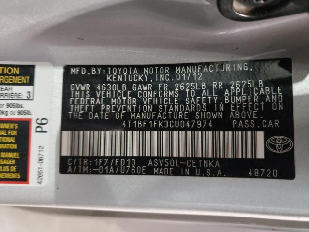 Photo 10 from auction – 2012 TOYOTA CAMRY BASE with VIN 4T1BF1FK3CU047974