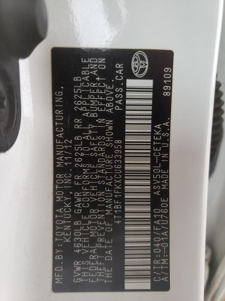 Photo 10 from auction – 2012 TOYOTA CAMRY BASE with VIN 4T1BF1FKXCU633958