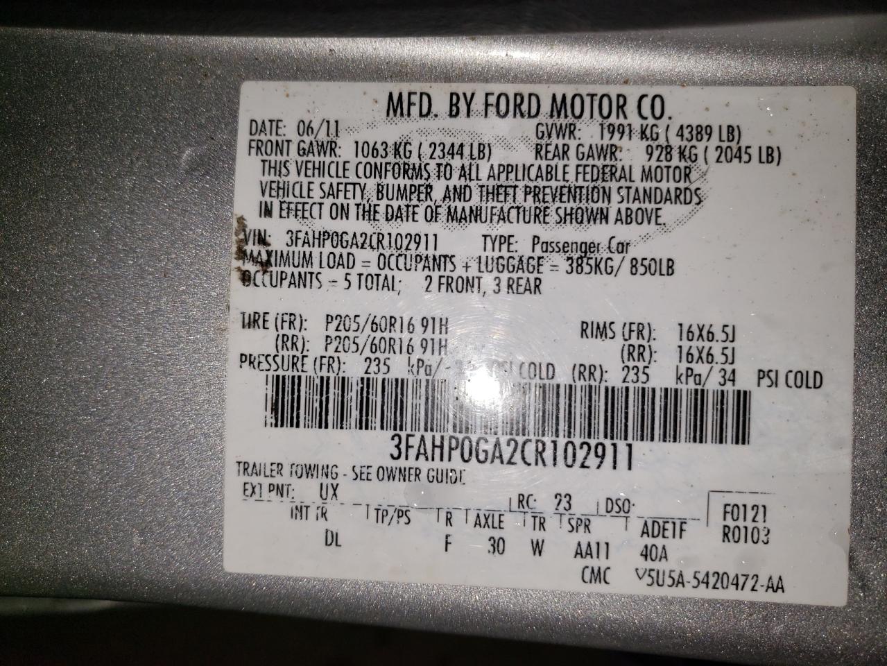 Photo 10 from auction – 2012 FORD FUSION S with VIN 3FAHP0GA2CR102911