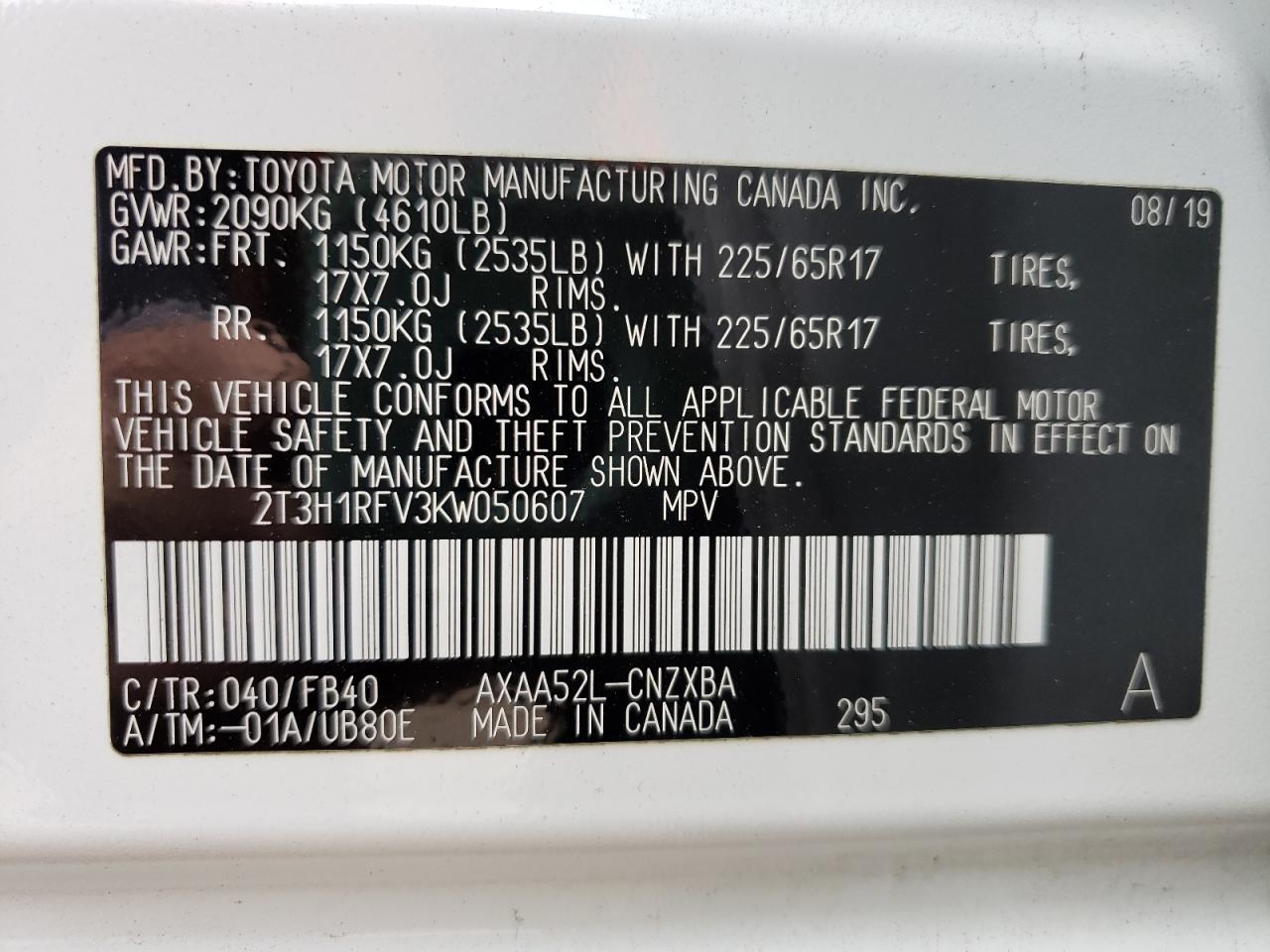 Photo 10 from auction – 2019 TOYOTA RAV4 LE with VIN 2T3H1RFV3KW050607