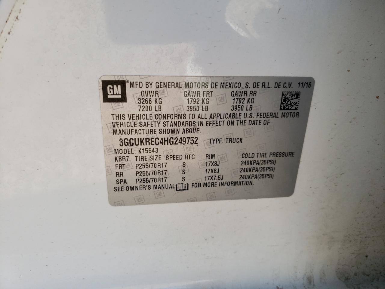 Photo 10 from auction – 2017 CHEVROLET SILVERADO with VIN 3GCUKREC4HG249752