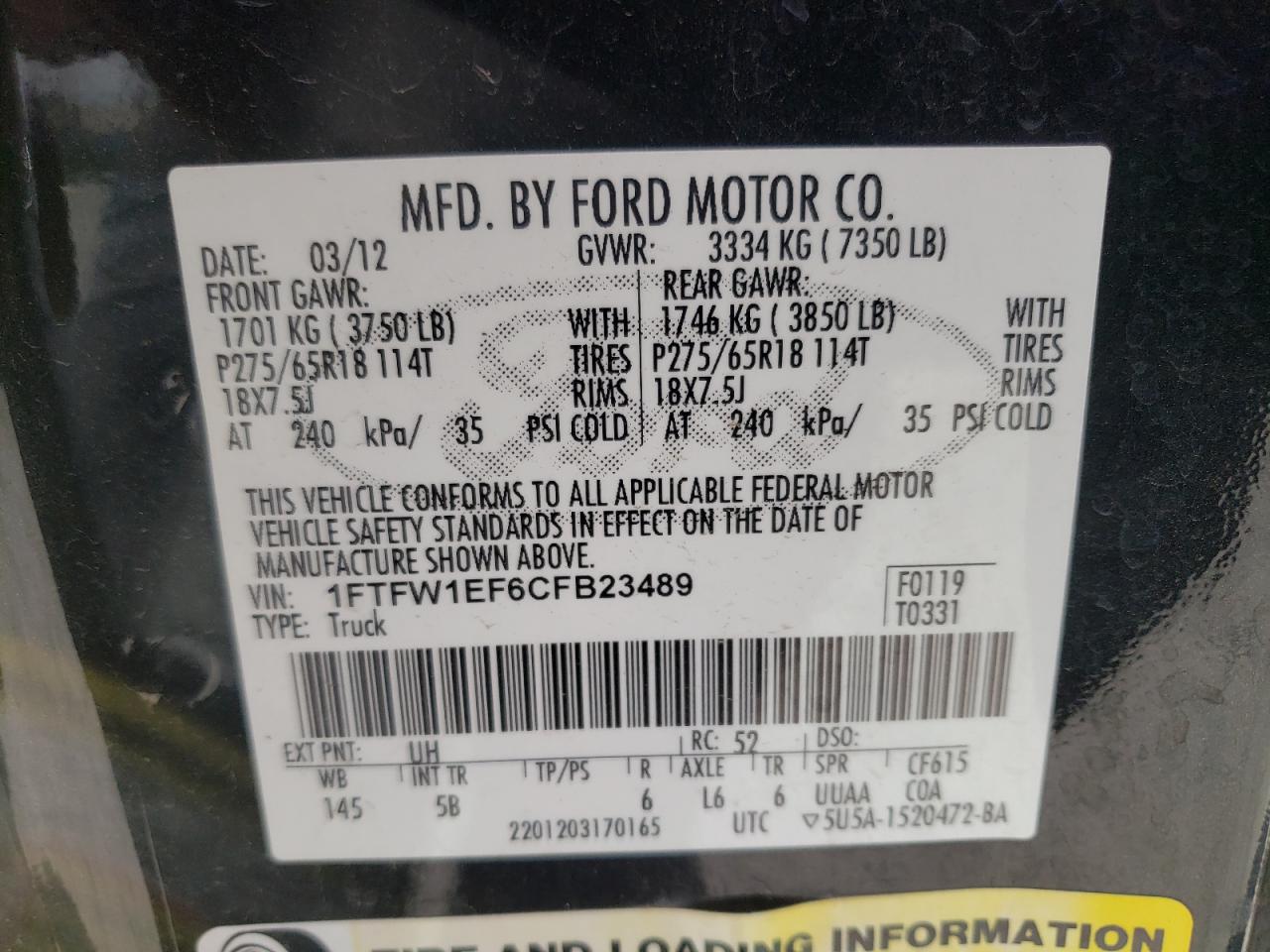 Foto 10 de la subasta – 2012 FORD F150 SUPER con VIN 1FTFW1EF6CFB23489