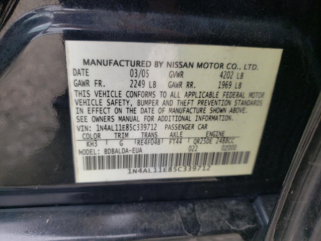 Photo 10 from auction – 2005 NISSAN ALTIMA S with VIN 1N4AL11E85C339712