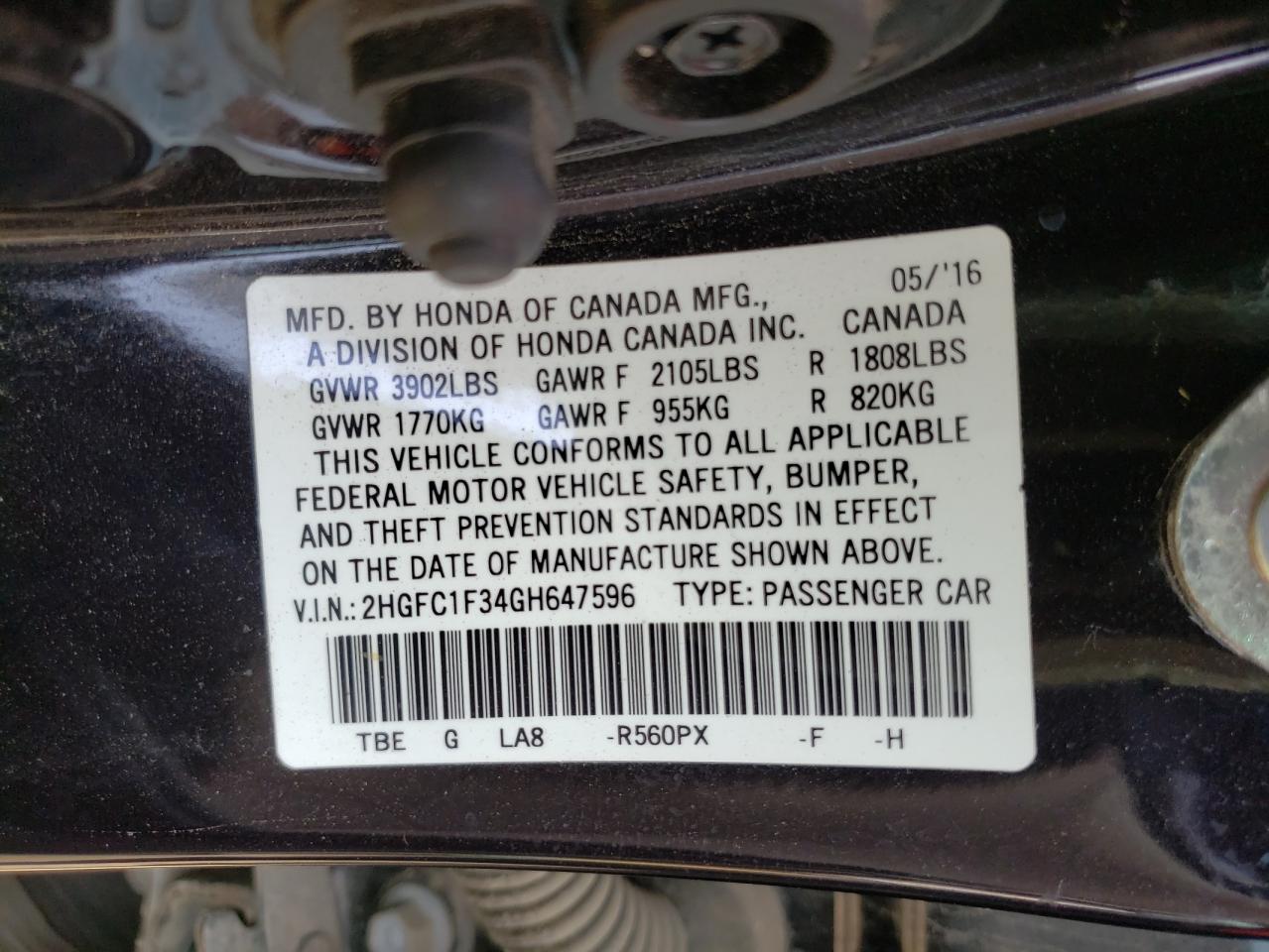 Photo 10 from auction – 2016 HONDA CIVIC EX with VIN 2HGFC1F34GH647596