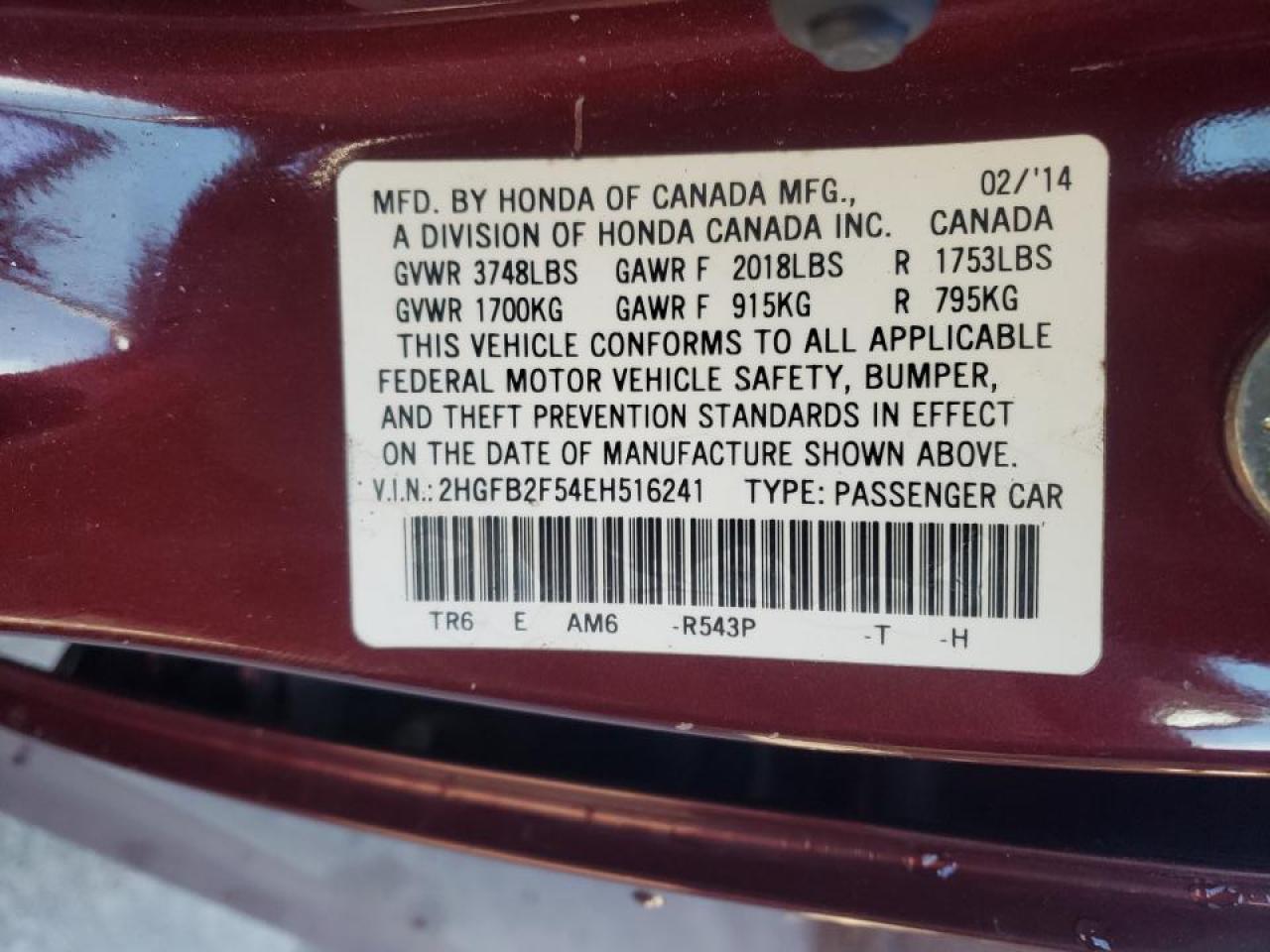 Photo 10 from auction – 2014 HONDA CIVIC LX with VIN 2HGFB2F54EH516241