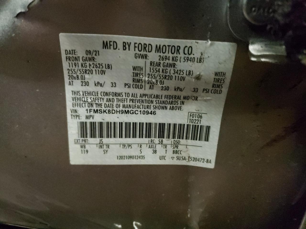 Photo 10 from auction – 2021 FORD EXPLORER X with VIN 1FMSK8DH9MGC10946
